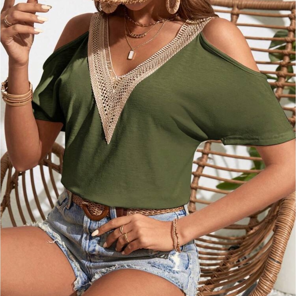 Classic Elegant boho Sheer Mesh Lace Cold Shoulder Tee T Shirt Top Blouse - Picture 1 of 6